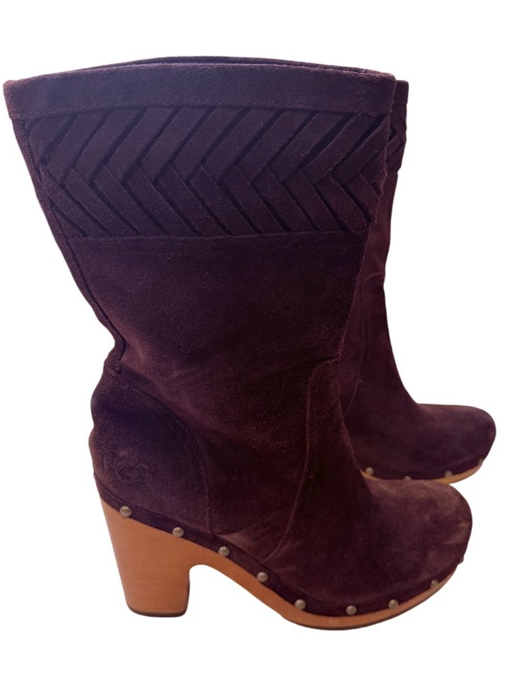 UGG Annaliza Suede Clog Boots Studded Wood Block Heel Brown Women's Size 8